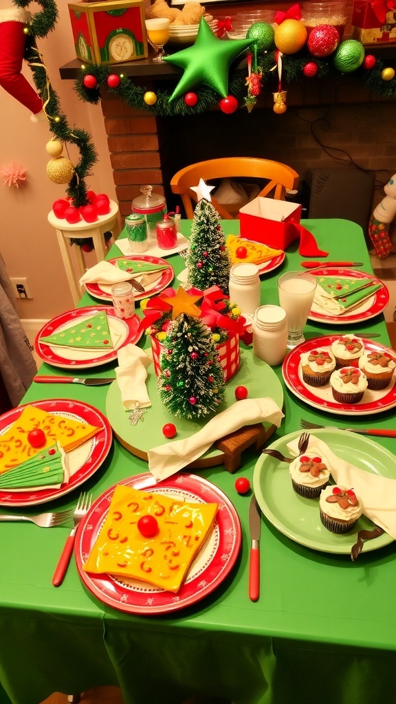 A vibrant Christmas dinner table for kids with festive dishes and decorations.